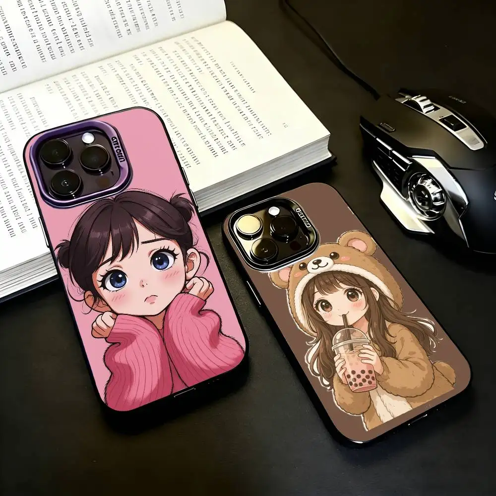 Cartoon Girl Pattern  Phone Case For iPhone17,16,15,14,13,12,11 Plus,Pro Max Black Candy silver phone case