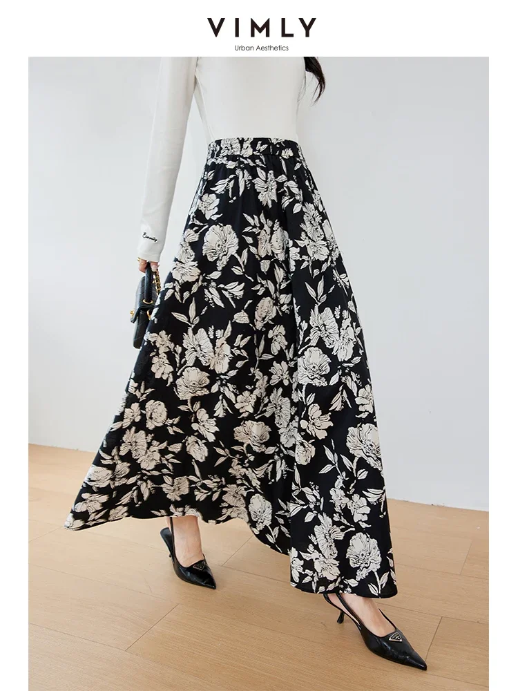 VIMLY Women's Urban Simple Floral Printed Elegant Skirts Autumn Female Elastic High Waist Holiday Style Office Lady A-Line Skirt