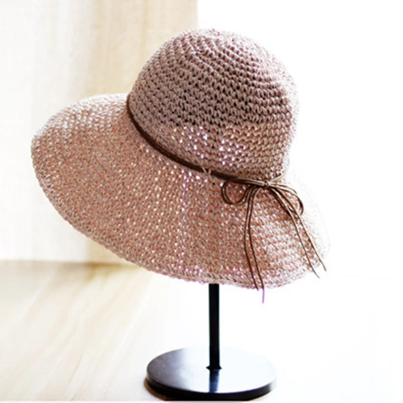 Fashion Crochet Womens Seaside Foldable Straw Weave Sun Straw Hat Wide Brim Real Straw Floppy Trilby Bow Summer Beach Sun Hat