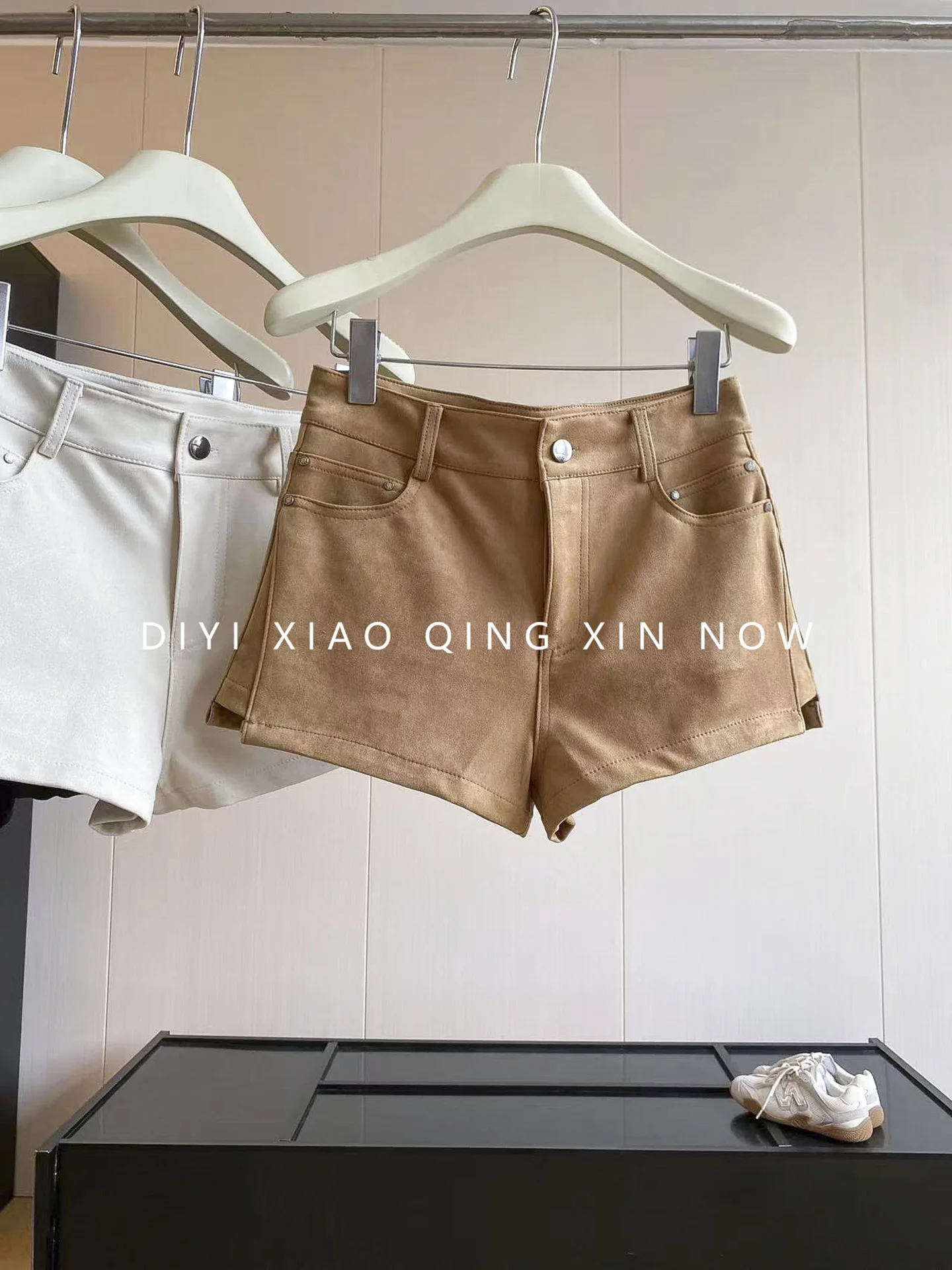 DIYI Quick Slimming High Waist Suede Shorts Retro Coffee Color A-Line Hot Pants Commute Style Polyester Fiber Ladies Shorts