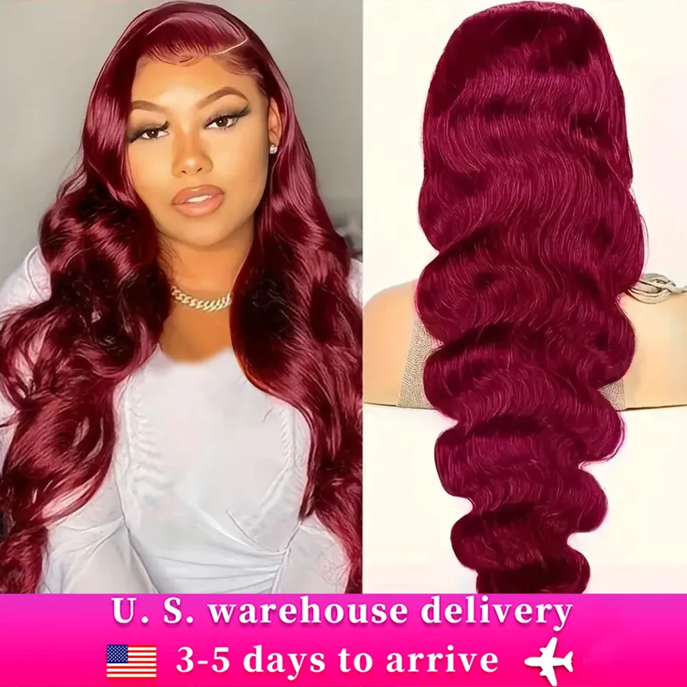 Perruque Lace Front Wig naturelle, cheveux humains, couleur bordeaux 99j, 13x6, pre-plucked, transparent, Body Wave, densité 200%