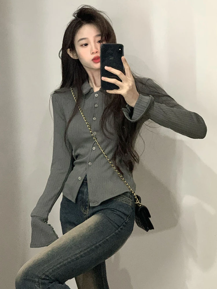 Solid Shirt Women Spring Pleated Strips Turn Down Collar Single Breasted Flare Sleeve Slim Fashion All-match Korean Style Cozy