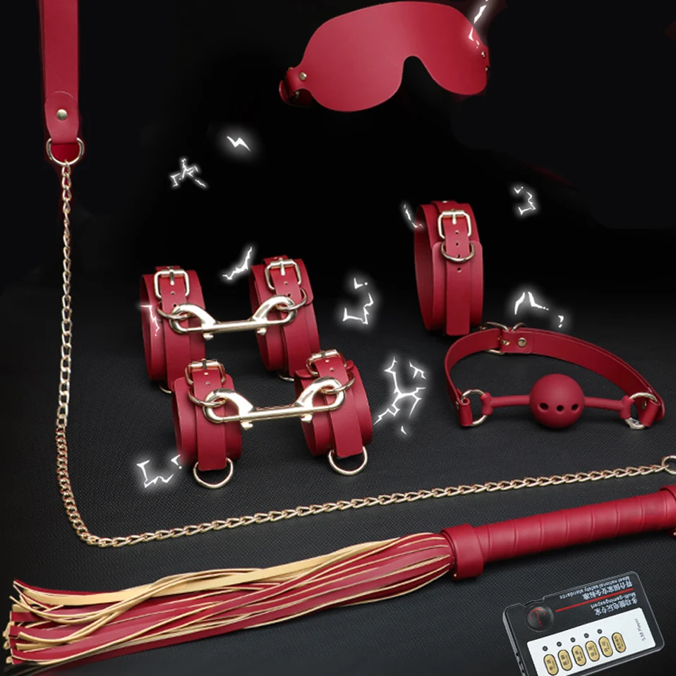 Electro Stimulation Bondage Set with Remote 7-Piece Restraints Including Cuffs Collar Gag Paddle Adjustable PU Leather BDSM Kit