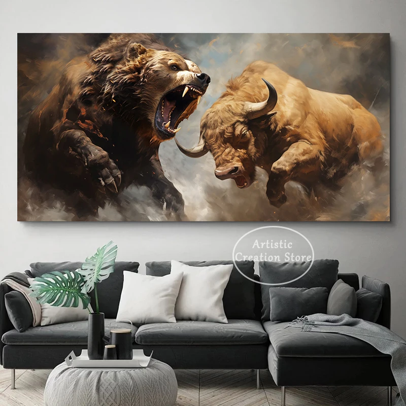 Graffiti Bull VS Bear Stock Market Exchange Wall Street Trading Poster Canvas Painting Wall Art Pictures Home Office Decor Gift