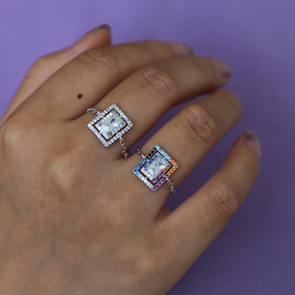 simple minimal fashion jewelry geometric cz tear drop square charm colorful cubic zirconia chain adjust ring