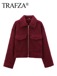 TRAFZA Women Vintage Wine Red Coat Front Flap Pocket Zipper Long Sleeve Bomber Jacket Autumn Female Fashion High Street Outwear