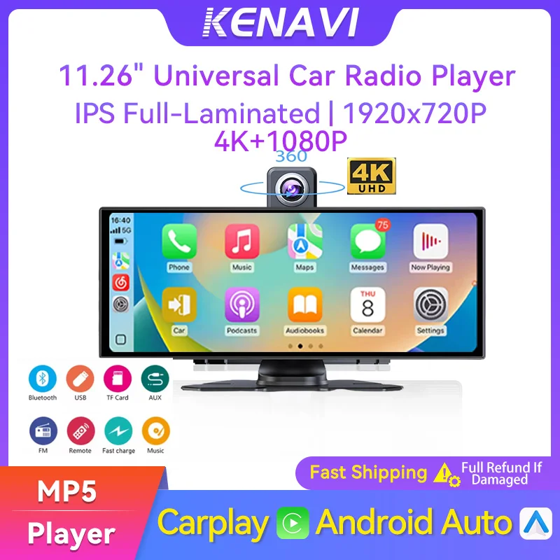 11.26" Wireless Carplay Monitor Car DVR Android Auto 4K Dashcam GPS Navigation Bluetooth Audio Dashboard Video Recorder FM AUX