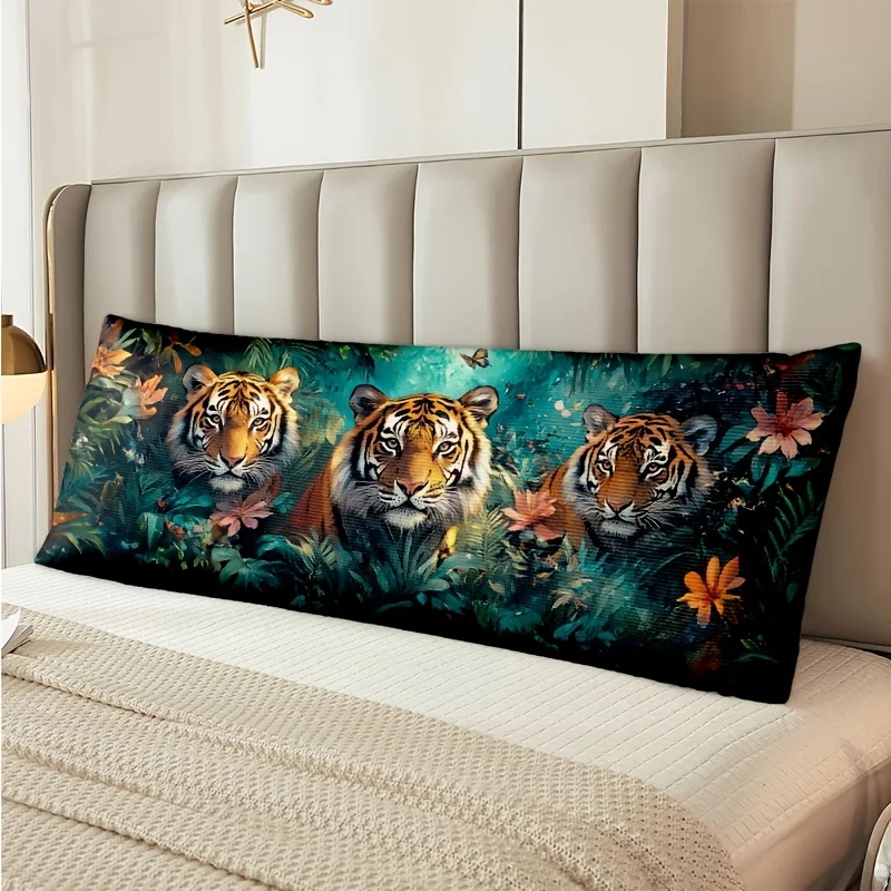 1pc Jungle Tiger Print Plush Pillowcase - 50.8x137.16 cm, Double-sided Design Featuring Vibrant Leaves and Three Tigers, Soft Po