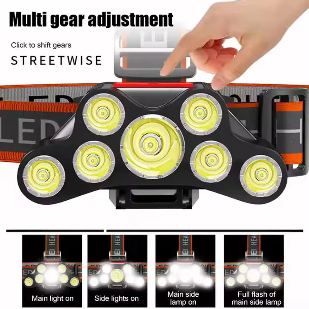 Lanterna montada na cabeça multifuncional ao ar livre com farol forte 7led carregamento de pesca led luz de longo alcance usb shooti i4e4