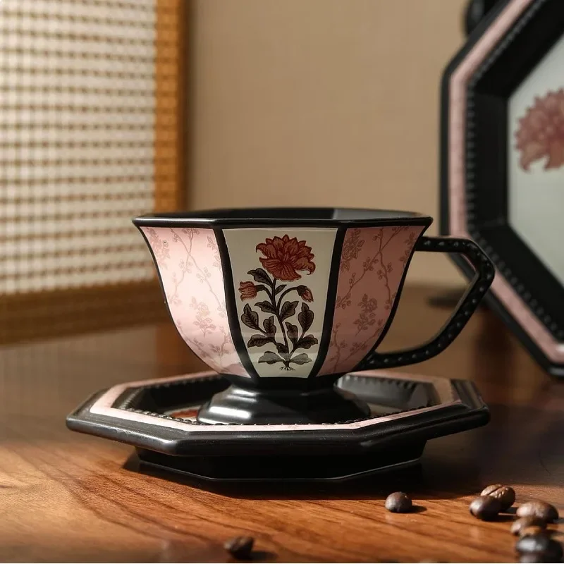 Octagonal Peony French Vintage Ceramic Coffee Cup Water Mug High-End Housewarming Engagement Wedding Gift Souvenir