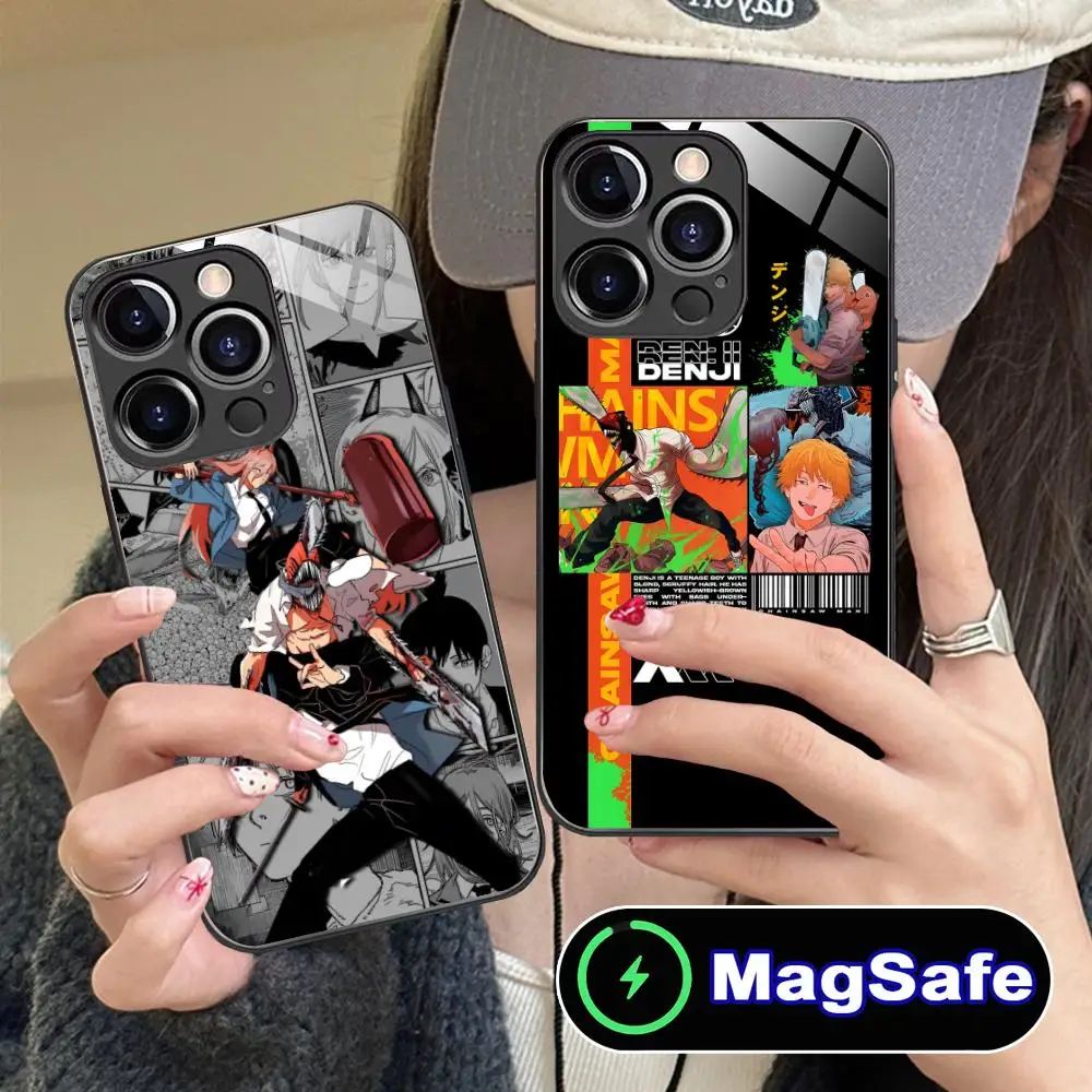 

Чехол для мобильного телефона с бензопилой в стиле аниме для iPhone 16, 15, 14, 13, 12, 11 Pro Max Plus Mini MagSafe, стеклянный цвет, защитный роскошный чехол