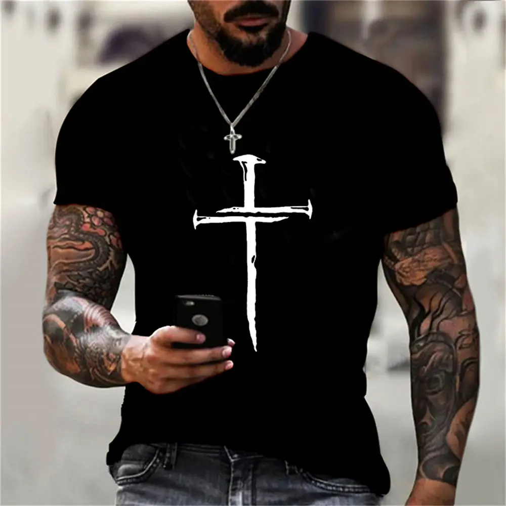 Men\'s T Shirt Personality Casual Jesus Cross Printed Hip Hop Short Sleeve Round Sport T Shirt Oversized Men Clothing Tops Summer