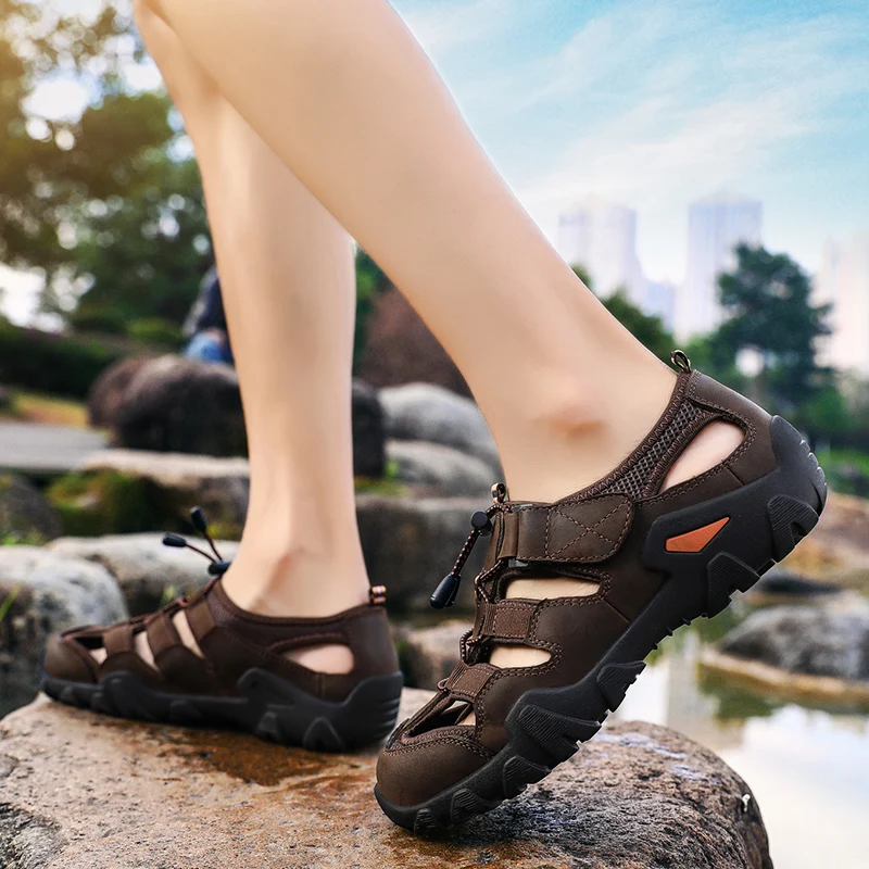 

Модная дышащая нескользящая кожаная повседневная обувь с открытыми отверстиями, качественные классические сандалии, летние уличные прогулочные мужские кроссовки, сандалии