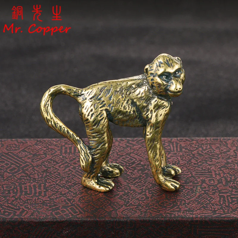 Solid Brass Long Tail Monkey Figurine Miniature Tea Pet Craft Desktop Small Ornament Animal Home Decor Accessories Children Gift