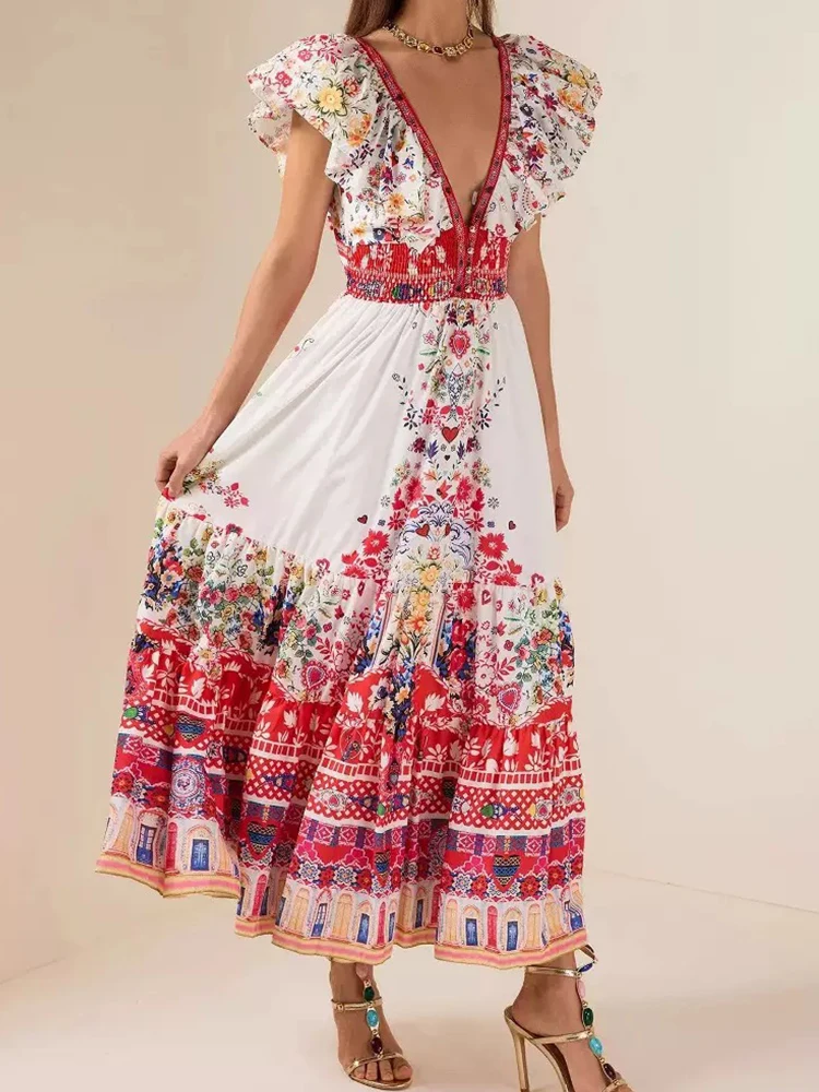 

Retro flying sleeve printed long skirt sexy deep V-neck back strap dress elegant ladies big swing high waist long A-line skirt.