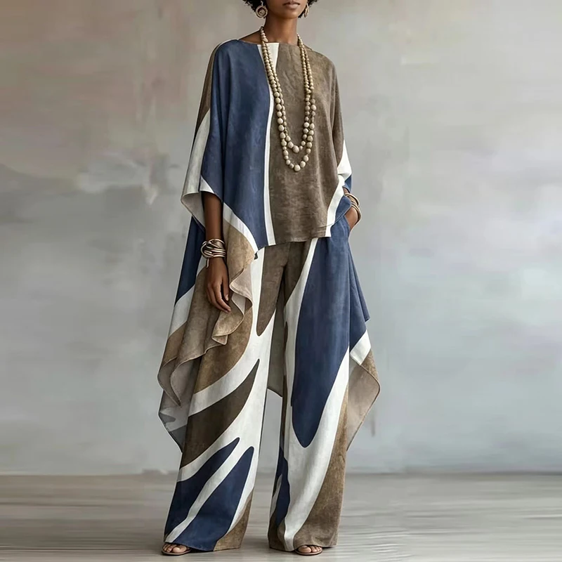 Vintage Color Blocked Irregular Tops&Pants Sets Autumn New Loose Women's Two Piece Sets Elegant Long Sleeve Wide Leg Pants Sets