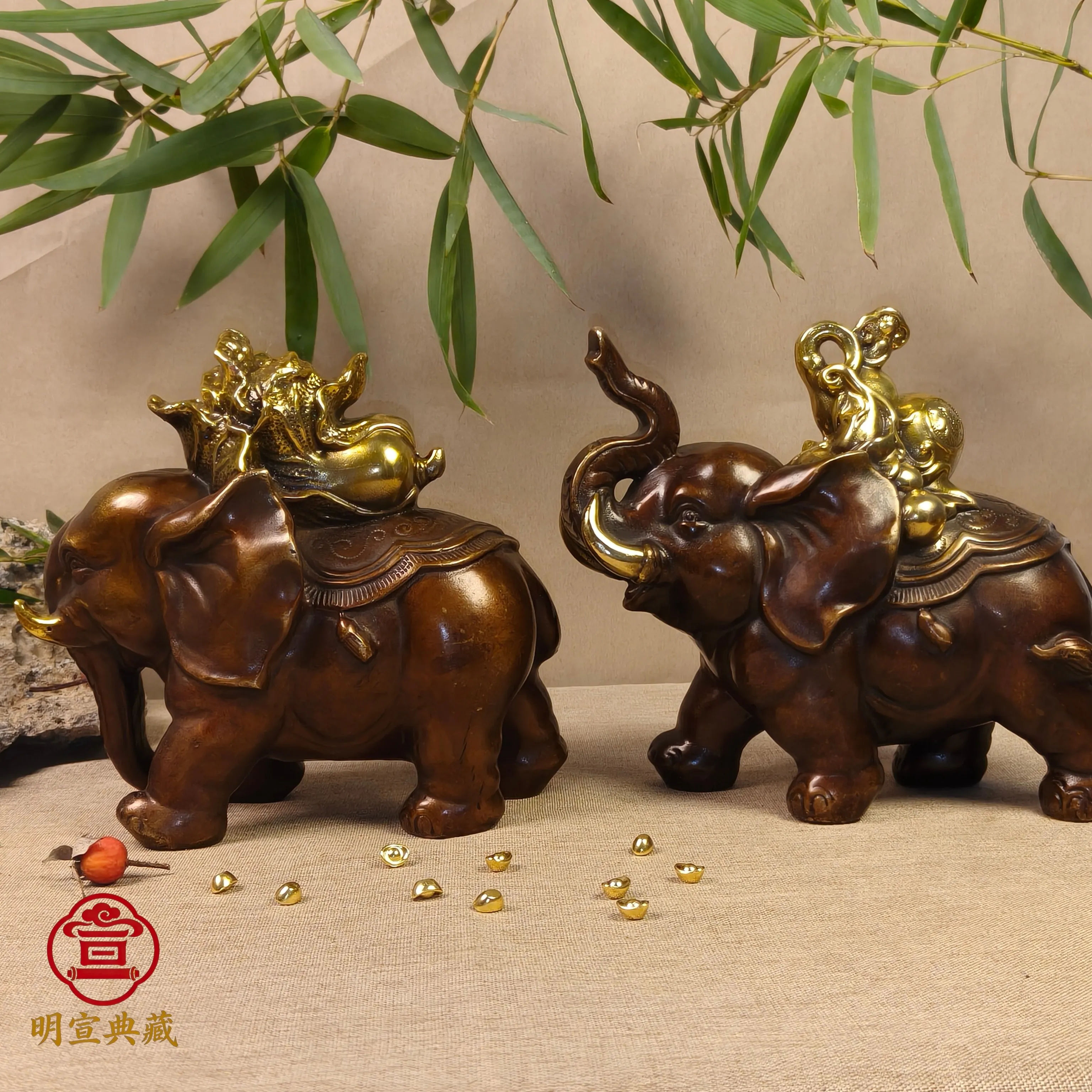 A Pair of Vintage Gilded Brass Ornaments Featuring Chinese Cabbage, Gourd (Symbolizing Blessings & Prosperity) and Elephant, Dec