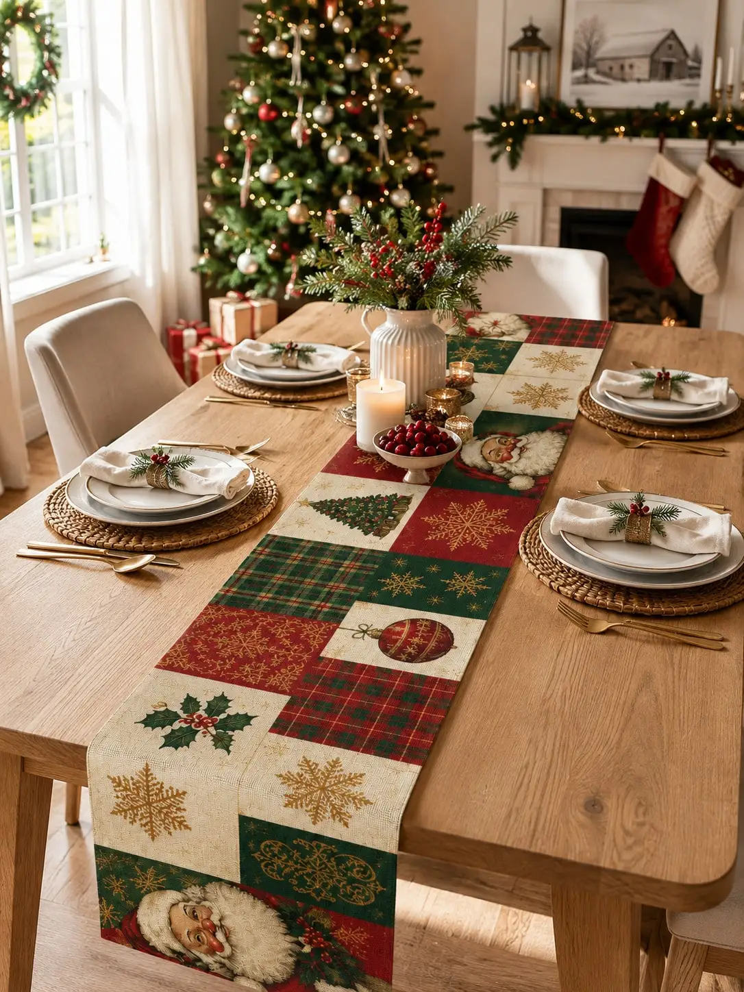 Christmas Table Runner, Patchwork Vintage Santa Claus Plaid Snowflake Holly Christmas Tree Decorative Pattern, Holiday Decor