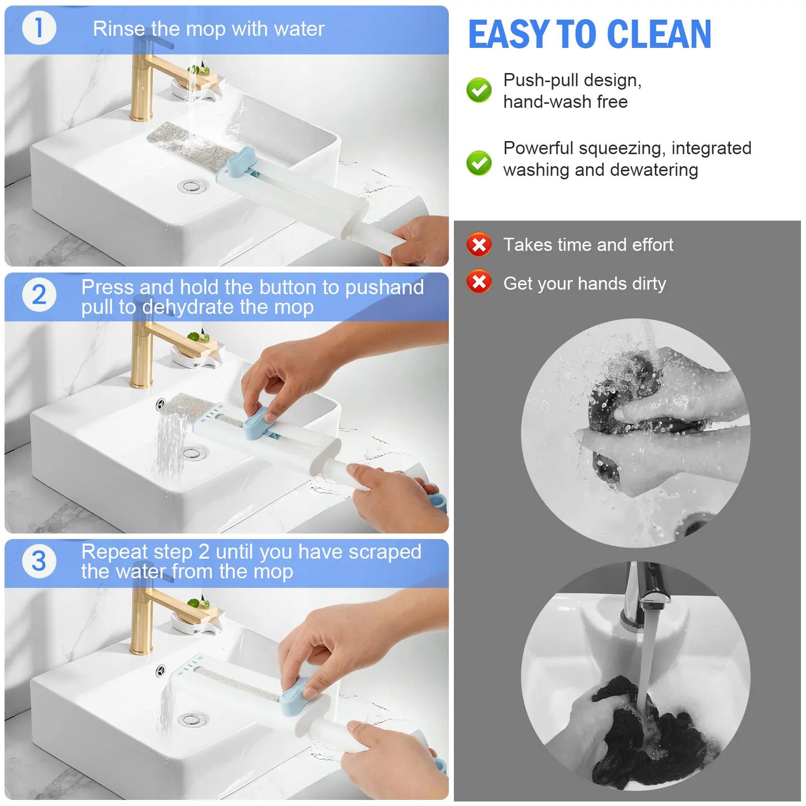 Mini Mop Self Squeezing Mop Hands-Free Cleaning  Folding Home Mops with 4 Replacement Cloth Pad Household Kitchen Cleaning Tool