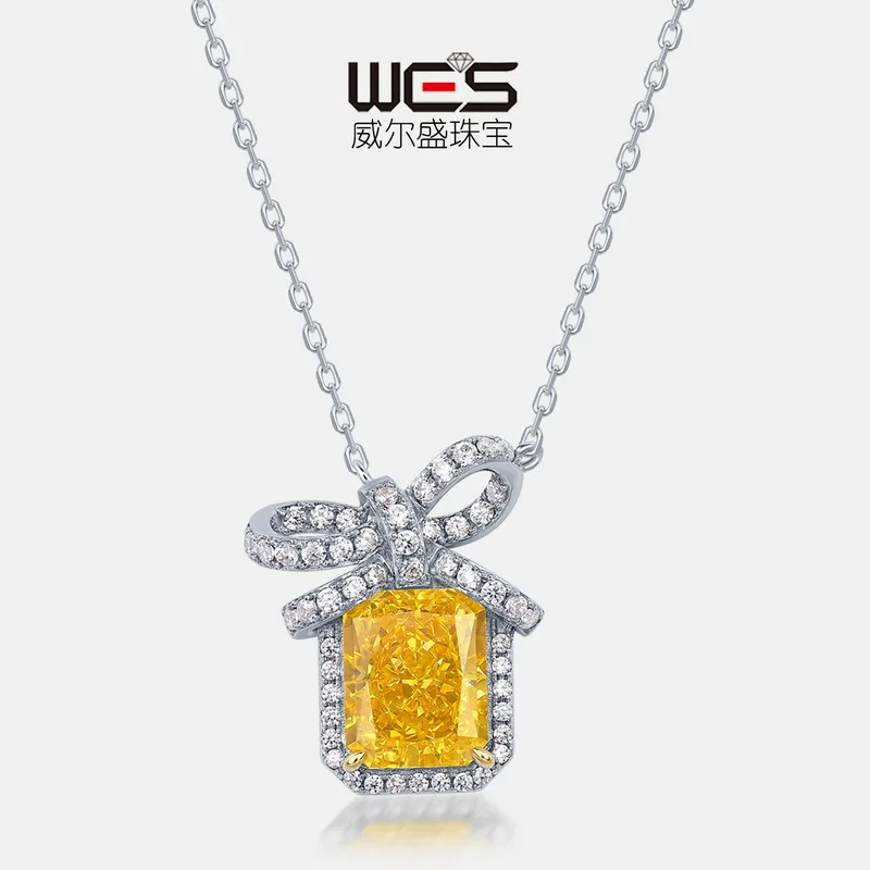 18K Gold Goose Yellow Necklace Colored Baby Stone PT950 Platinum Ice Flower Cut High Carbon Diamond Clavicle Chain