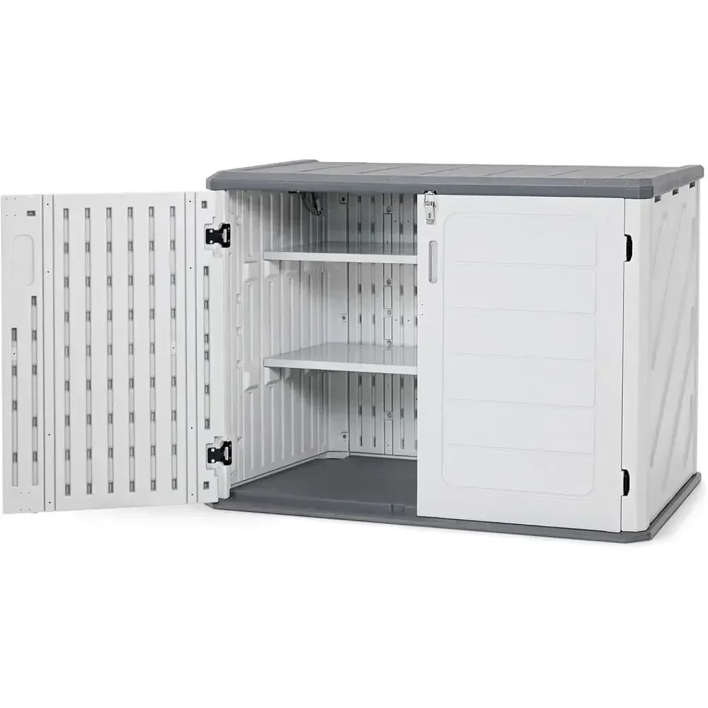 25 Cu. Ft. Small Outdoor Plastic Storage Cabinet with Shelves, Weatherproof Resin Shed with Floor, Lockable Horizontal Storage f