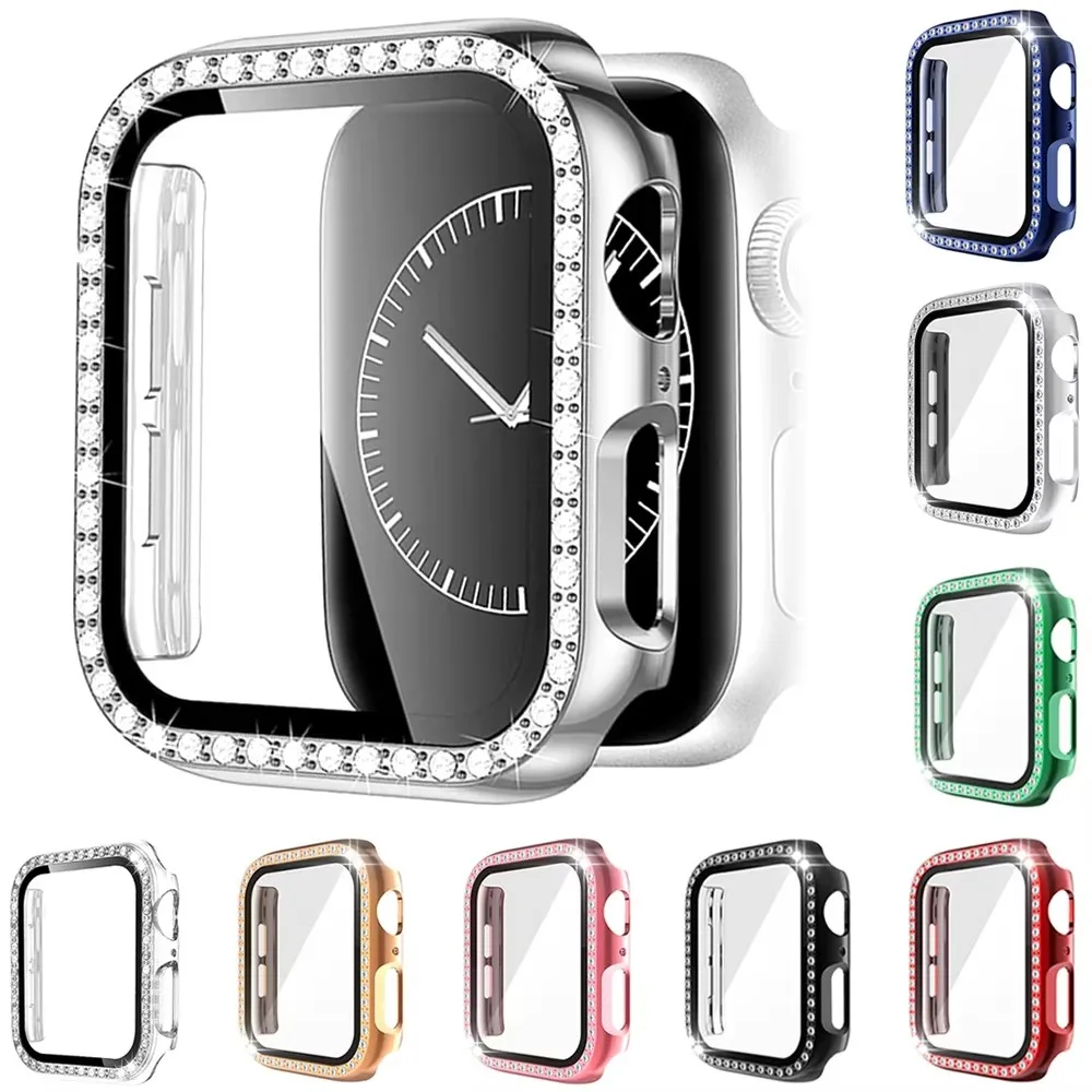 

Bling Glass+Cover For iwatch series 7 9 8 5 6 SE Apple Watch Case 44mm 45mm 41mm 40mm 42mm 44 mm Diamond bumper+Screen Protector