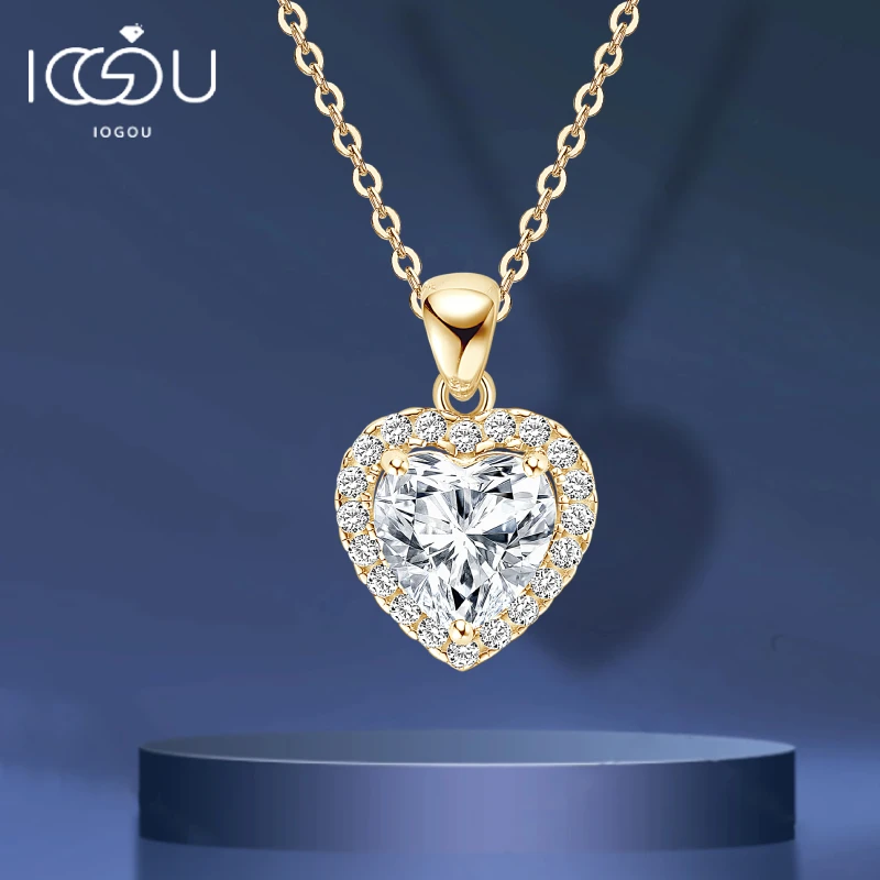 IOGOU 2,0 karata w kształcie serca Moissanite naszyjnik dla kobiet dziewczyna prawdziwe srebro 925 luksusowy prezent biżuteria ślubna walentynki