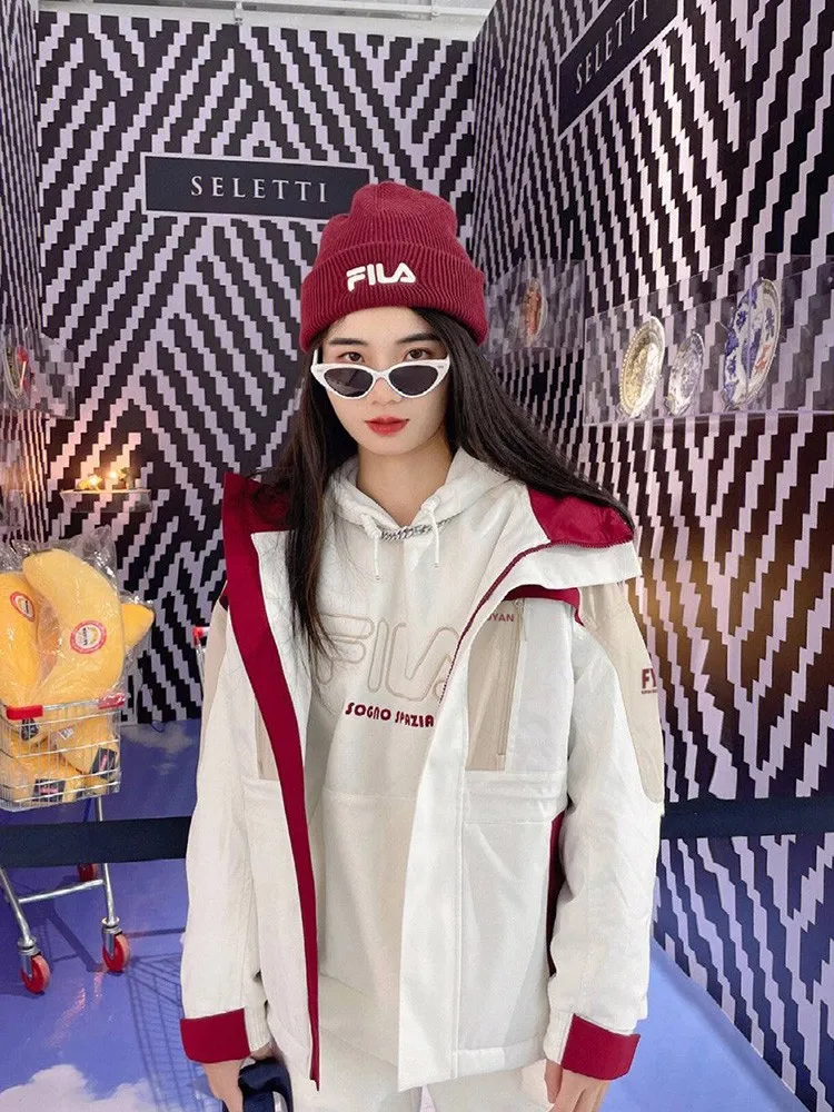 

Куртка для женщин Fuyuan White Three-in-One: лыжная, для активного отдыха, парная, в уличном стиле, с карманом на молнии, стандартный крой