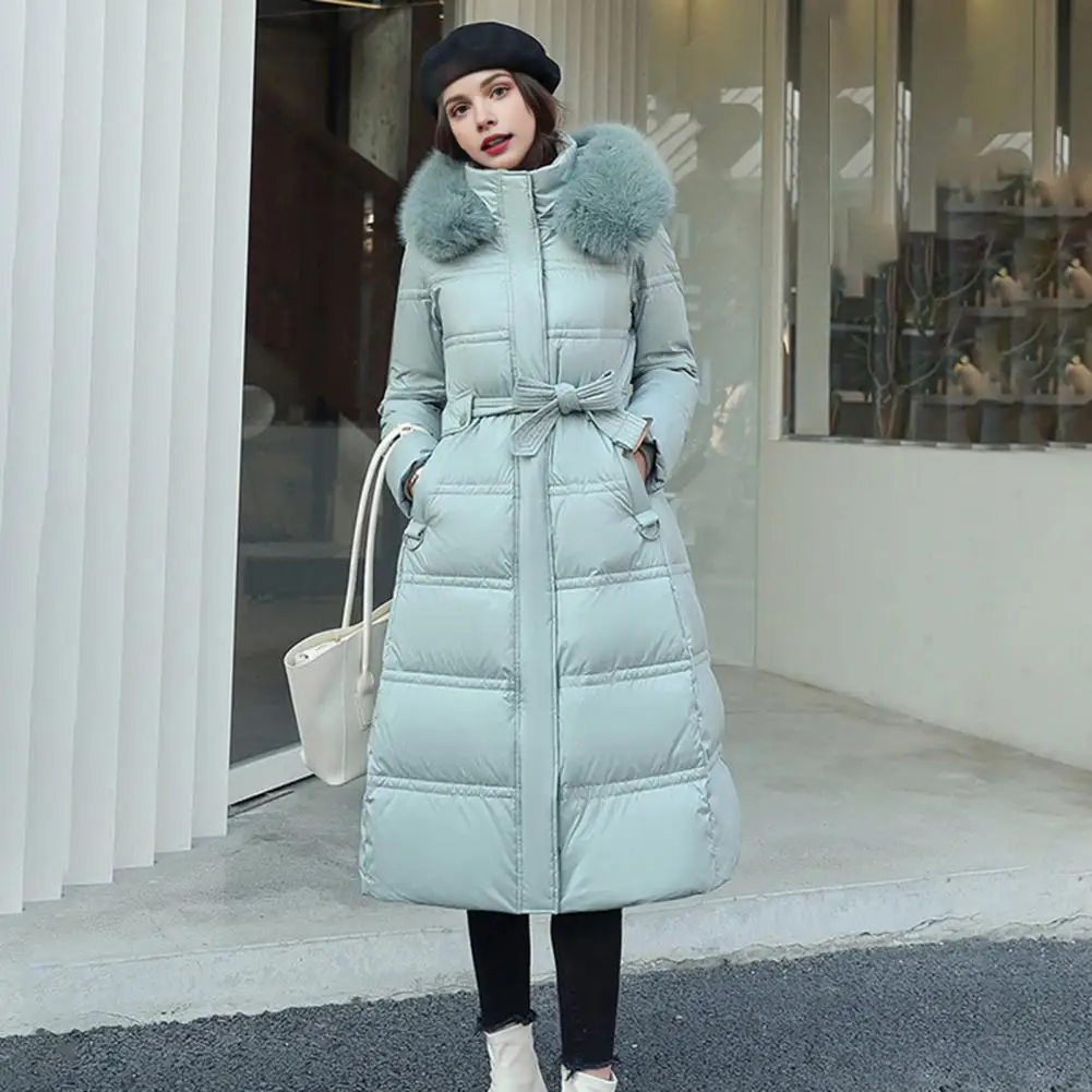 

Winter Women Cotton Jacket with Hood Neck Protection Long Sleeves Pockets Mid-calf Length Zipper Closure Padded Coat Solid Color