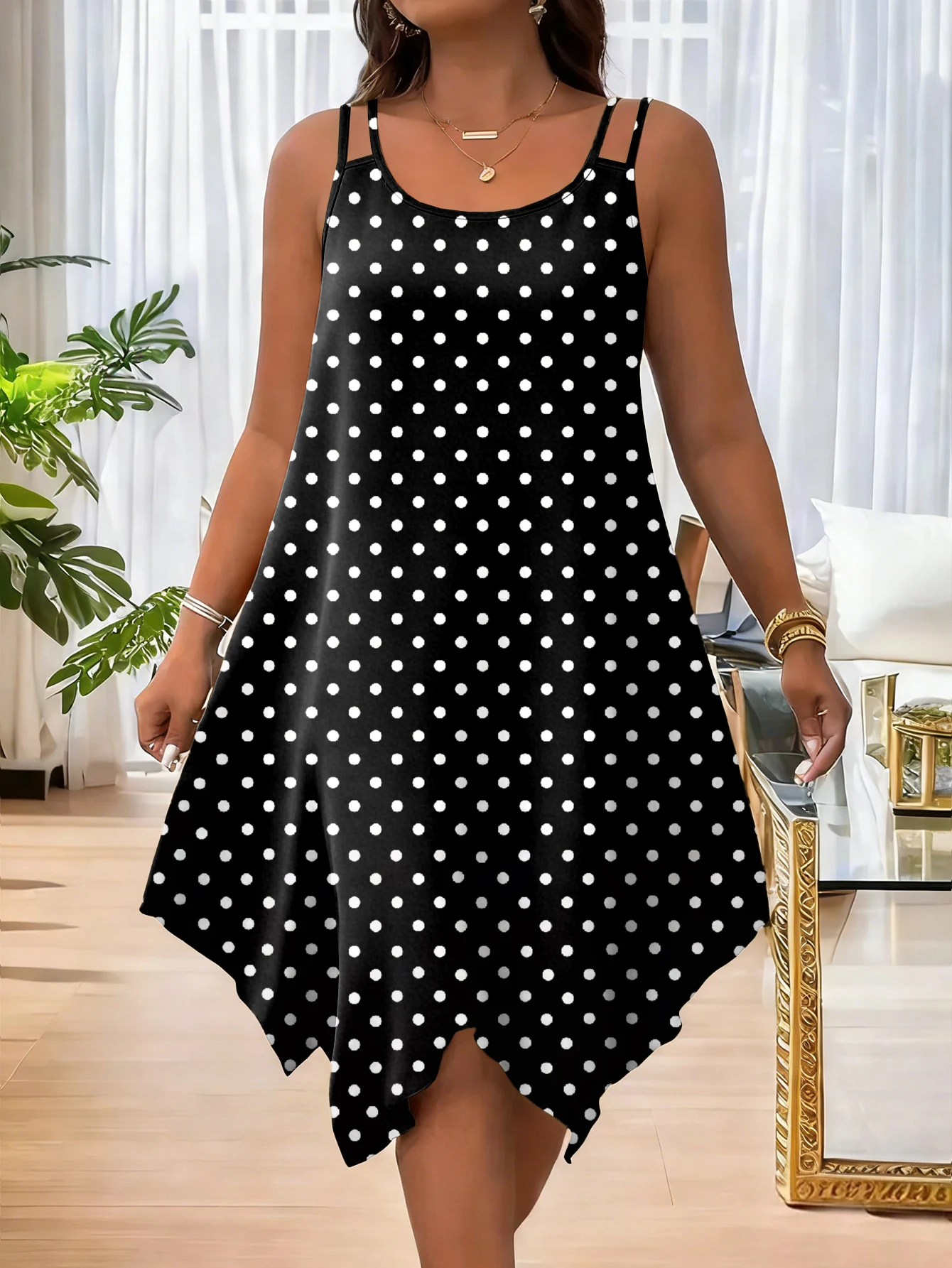 

Plus size women's polka dot print double strap round neck outdoor vacation style fashion dress