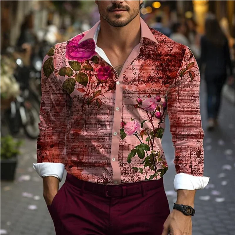 Floral Men\'s Vacation Hawaiian Shirt Street Fake Daily Wear Spring and Summer Cuffed Long Sleeve Shirt Fashion Button Design