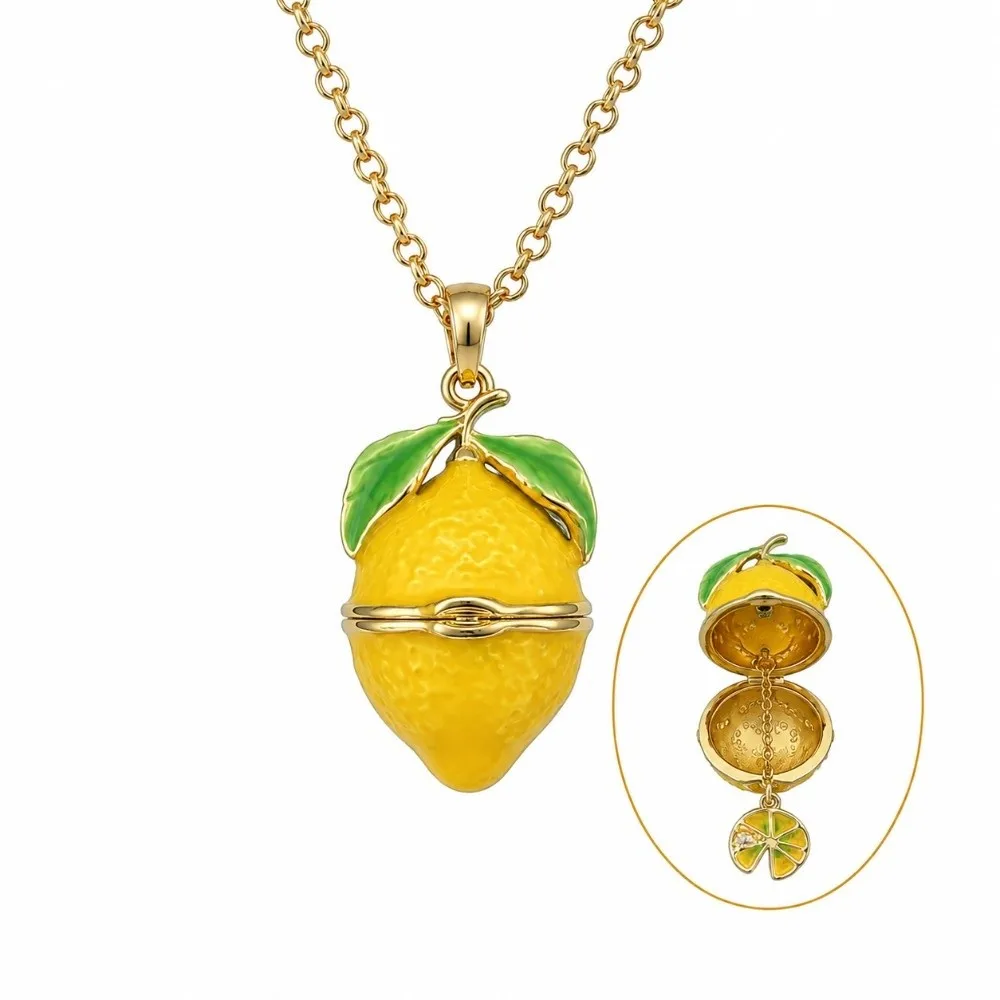 Openable Locket Pendant Necklace Lemon Strawberry Enamel Necklace Vintage Retro Opening and Closing Lid Clavicle Chain Girl