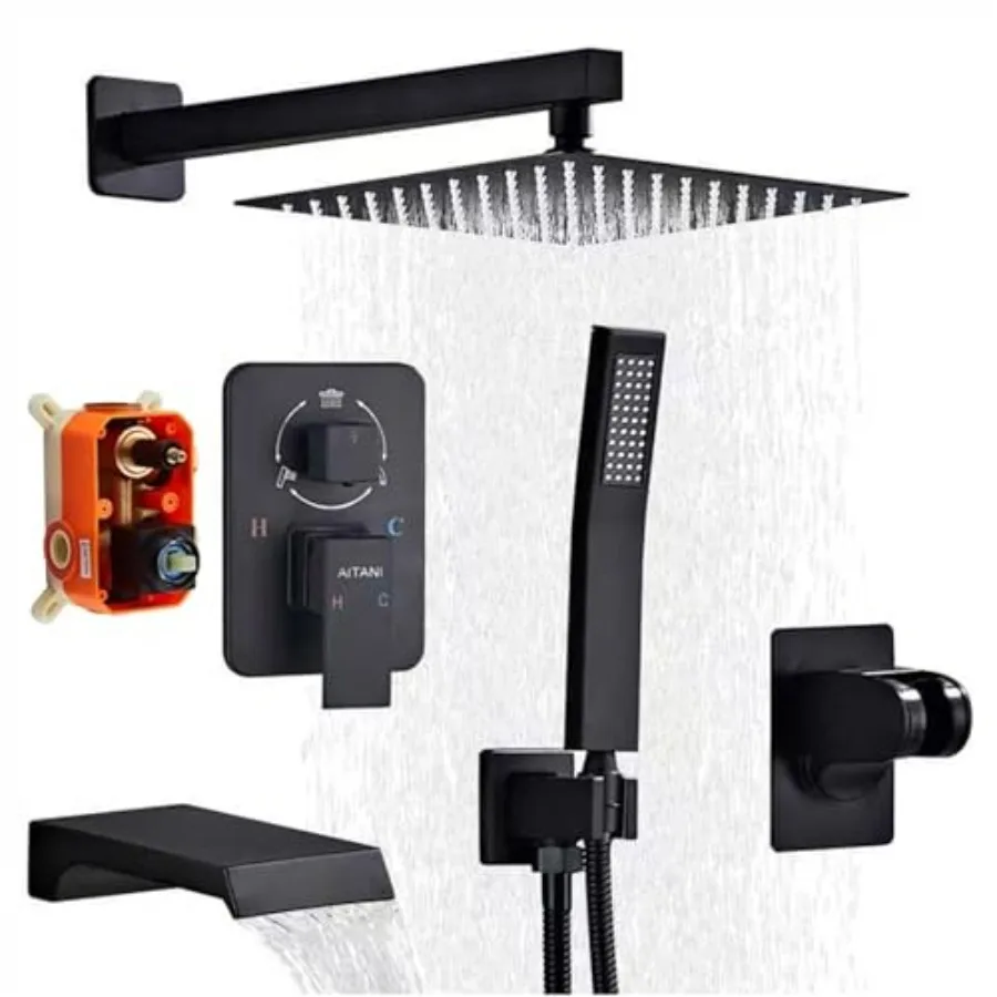 Shower Faucet Set Complete Shower System Black with 10 inch Square Rainfall Shower Head 3-Function Handheld Shower Waterfall Ba