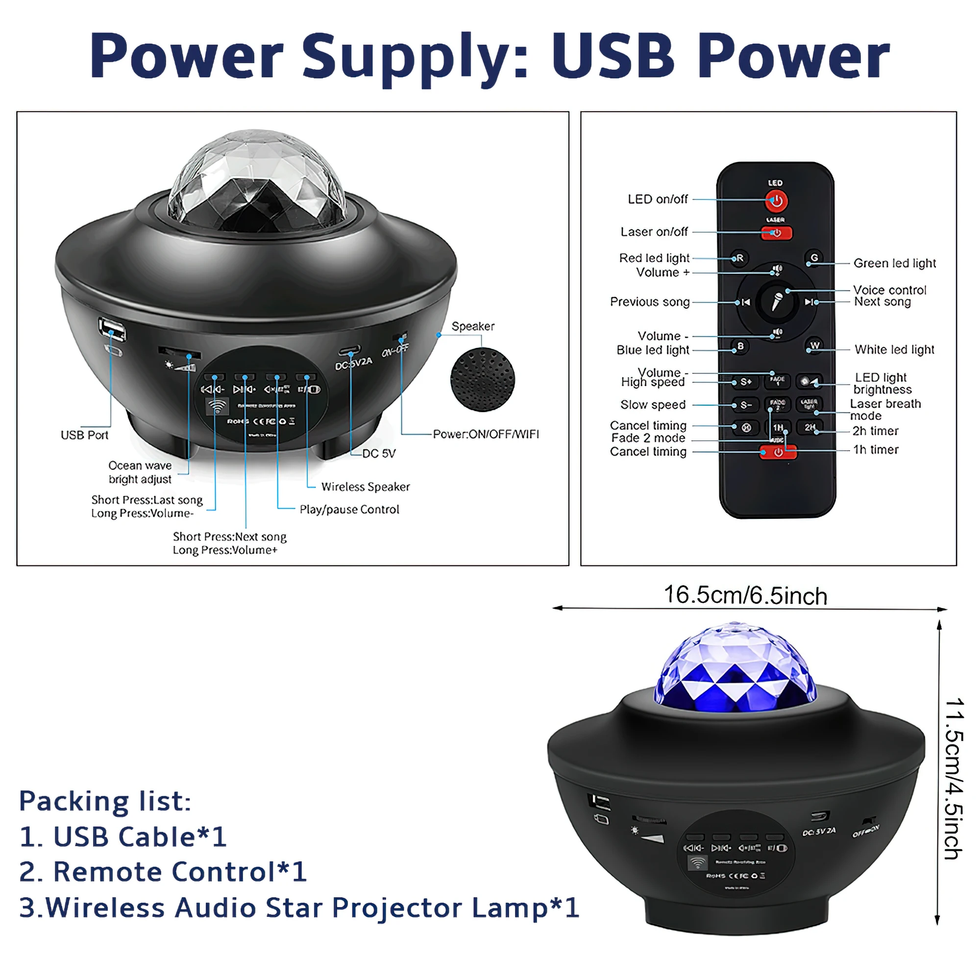 โปรเจคเตอร์กาแล็กซี่สำหรับห้องนอน, โปรเจคเตอร์แสง โปรเจคเตอร์ดาว กาแล็กซี่ไลท์พร้อมลำโพงบลูทูธ, ตัวจับเวลา, APP และรีโมทคอนโทรล