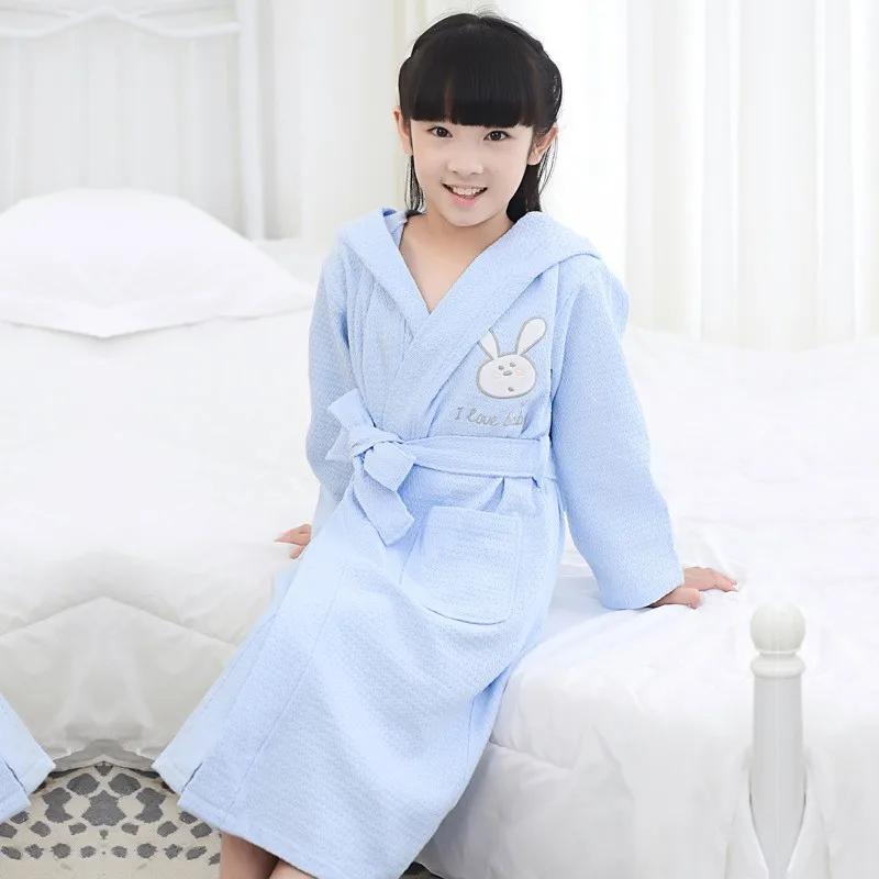 Wholesale Blue Pink White Long Sleeve Waffle Bath Robe Sleepwear Kids Children Hooded Bathrobe Summer Children Bathrobe