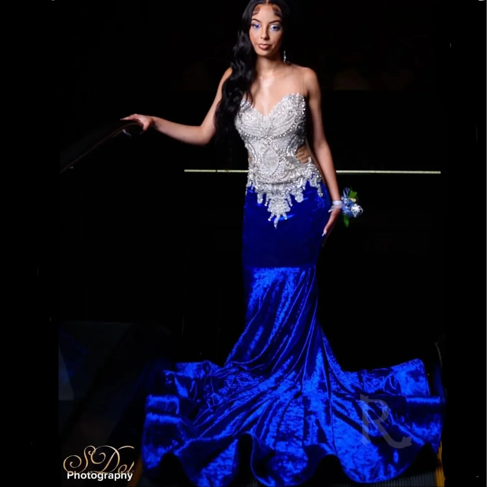 

EVLAST Customized Royal Blue Mermaid Prom Dress Velvet Appliques Sequins Beading Birthday Party Gowns Robe De Soiree TPD41