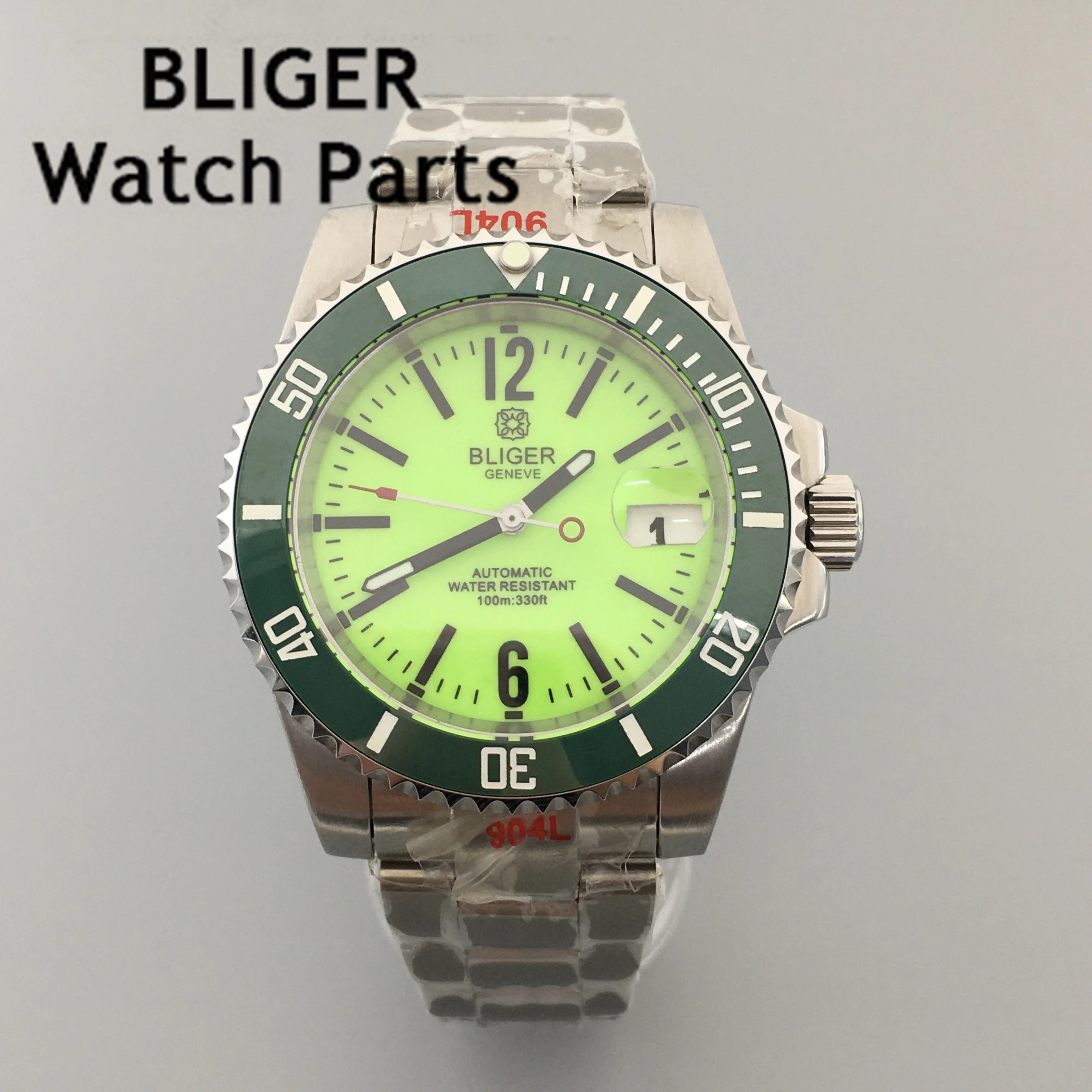 BLIGER 40mm Men\'s Watch NH35A Automatic Movement Mechanical Wristwatch  Case Fluorescent Green White Dial Bezel Full Luminous