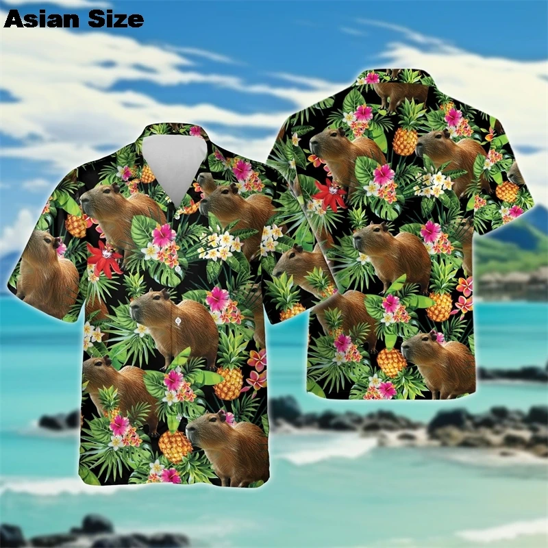 Cute Capybara Graphic Beach Shirt Kawaii Aniaml Female Short Sleeve Blouses Hawaii Surfing Women Lapel Blouse Button Man Tops