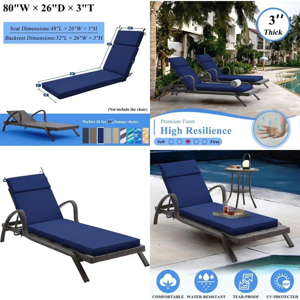 

Outdoor Patio Chaise Lounge Cushion, High-Density Foam with Ties, Weatherproof & Fade-Resistant, 80x26x3 Inches, Royal Blue