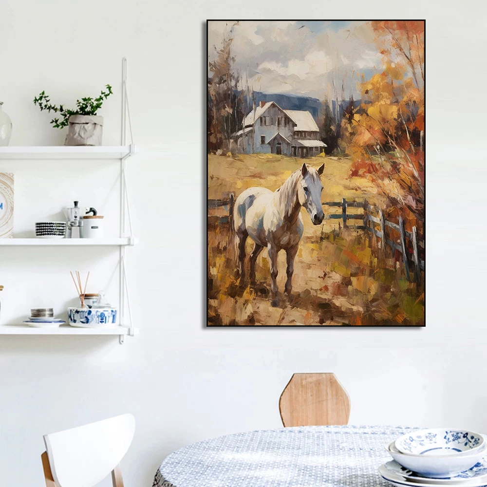 1pc frameless Canvas Painting Antique Horse Sketch Poster Barn Rustic Daisies Sheep Canvas Painting Farmhouse Vintage Fall Lands