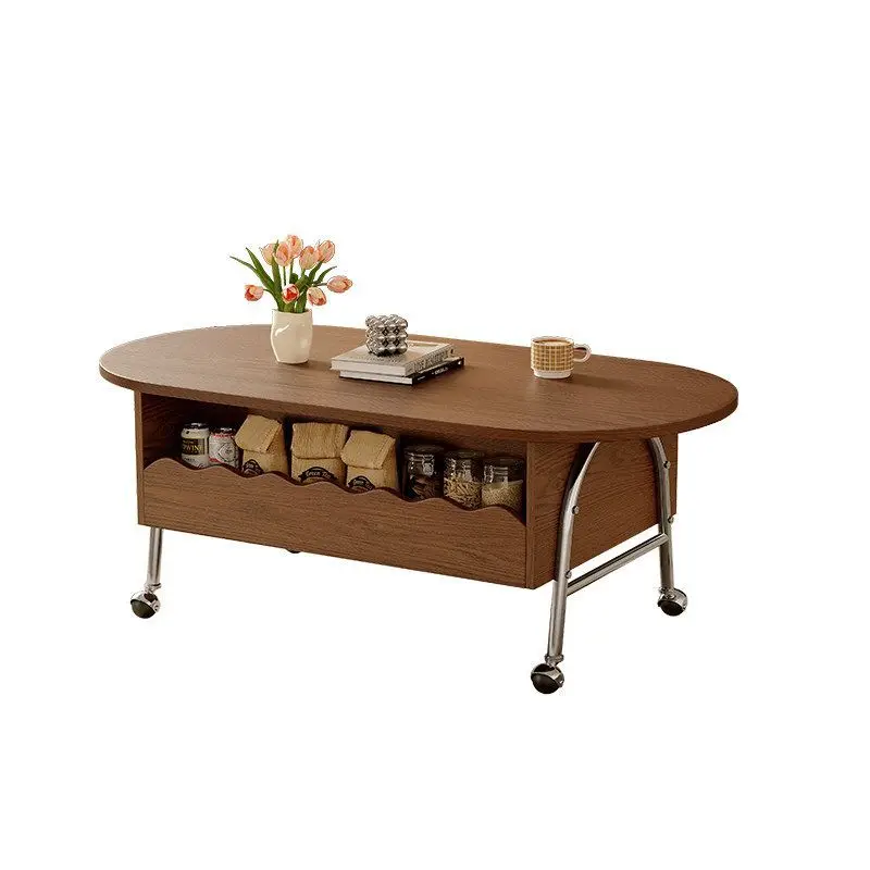 Retro medieval style lifting solid wood coffee table, living room household small apartment movable oval tea table
