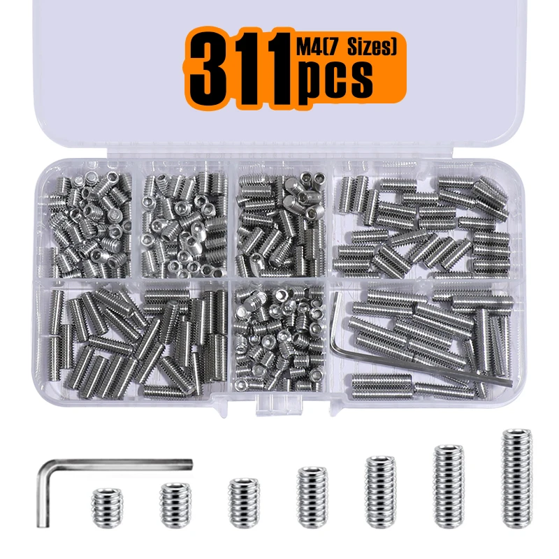 311 Pcs M4 Set Screws Assortment Kit, 7 Sizes Included, M4 Metric & SAE Allen Set Screws for Plumbing, Bathroom Fixtures