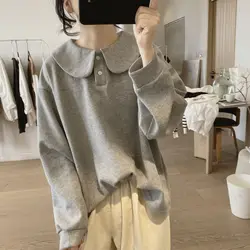 Polo Sweatshirt Women's Spring And Autumn 2023 New Loose Korean Design Feel Cotton Pullover Top