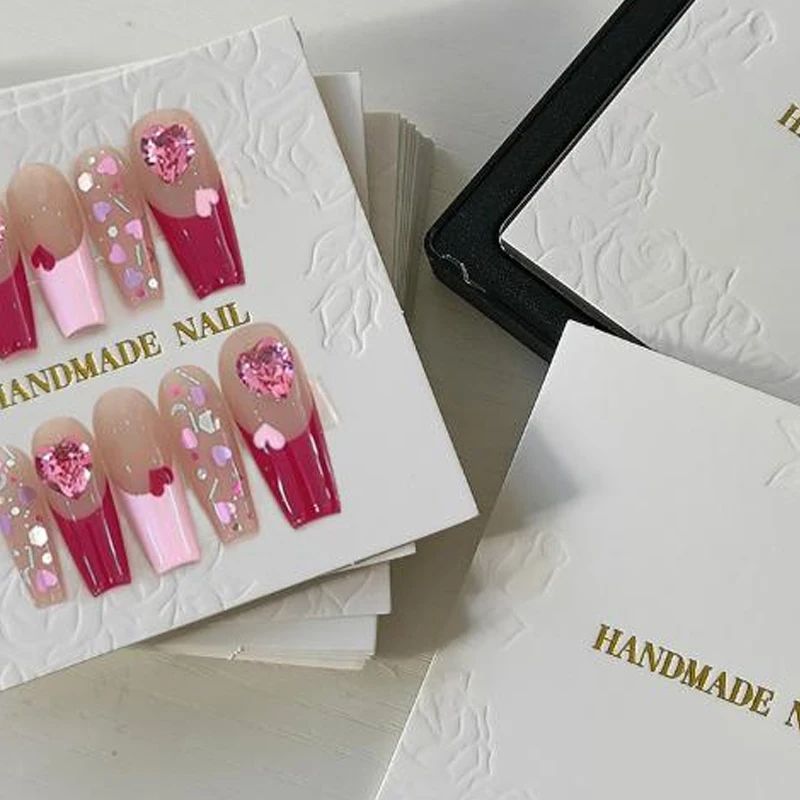 20 Sheets/Bag 75x75mm Press On Nails Packaging Bottom Cards Rose Embossing Handmade False Nail Display Show Card Manicure Tools