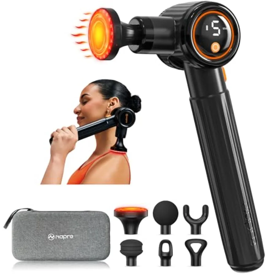 

Massage Gun with Heat, Massage Gun Deep Tissue with Extension Handle and 3 Adjustable Angles, Handheld Percussion Back Massager