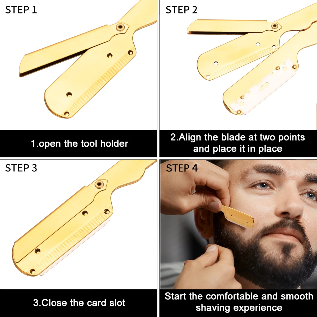 Argent hommes rasage barbier outils cheveux rasoir noir pliant rasoir couteau acier inoxydable droit rasoir Barbearia support cadeau