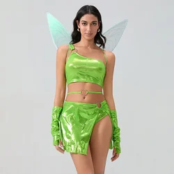 New Fashion Women Halloween Fairy Costume Deluxe Tank Tops Panty Skirt Arm Sleeves with Fairy Wings Cosplay Party Outfits