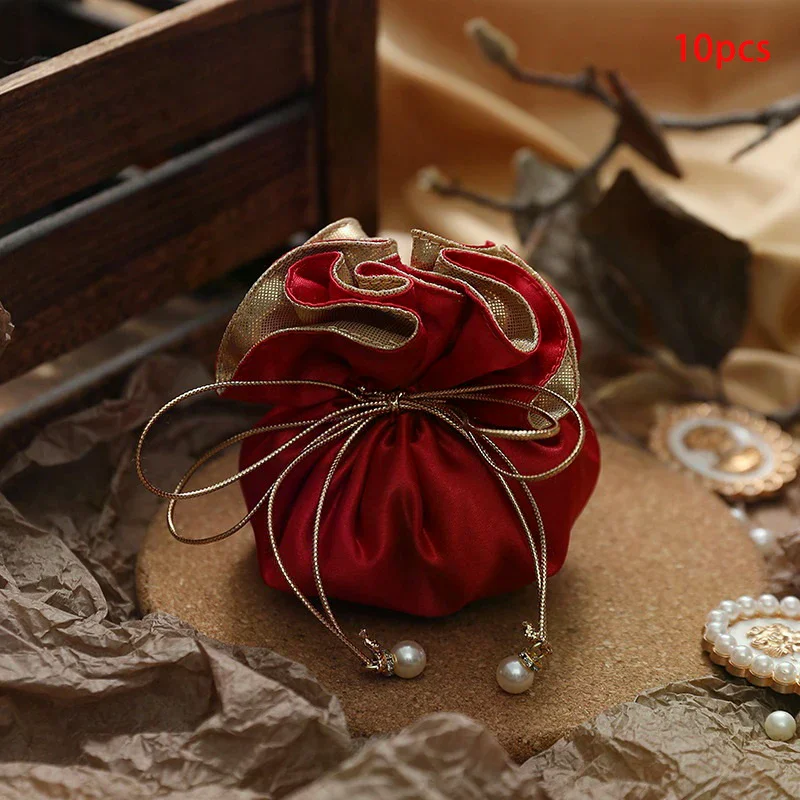 10PCS Luxury Packing Drawstring Velvet Pouch Silk Gift Bag For Jewelry Wedding Candy Boxes With Pearl String Decor Favors Bags