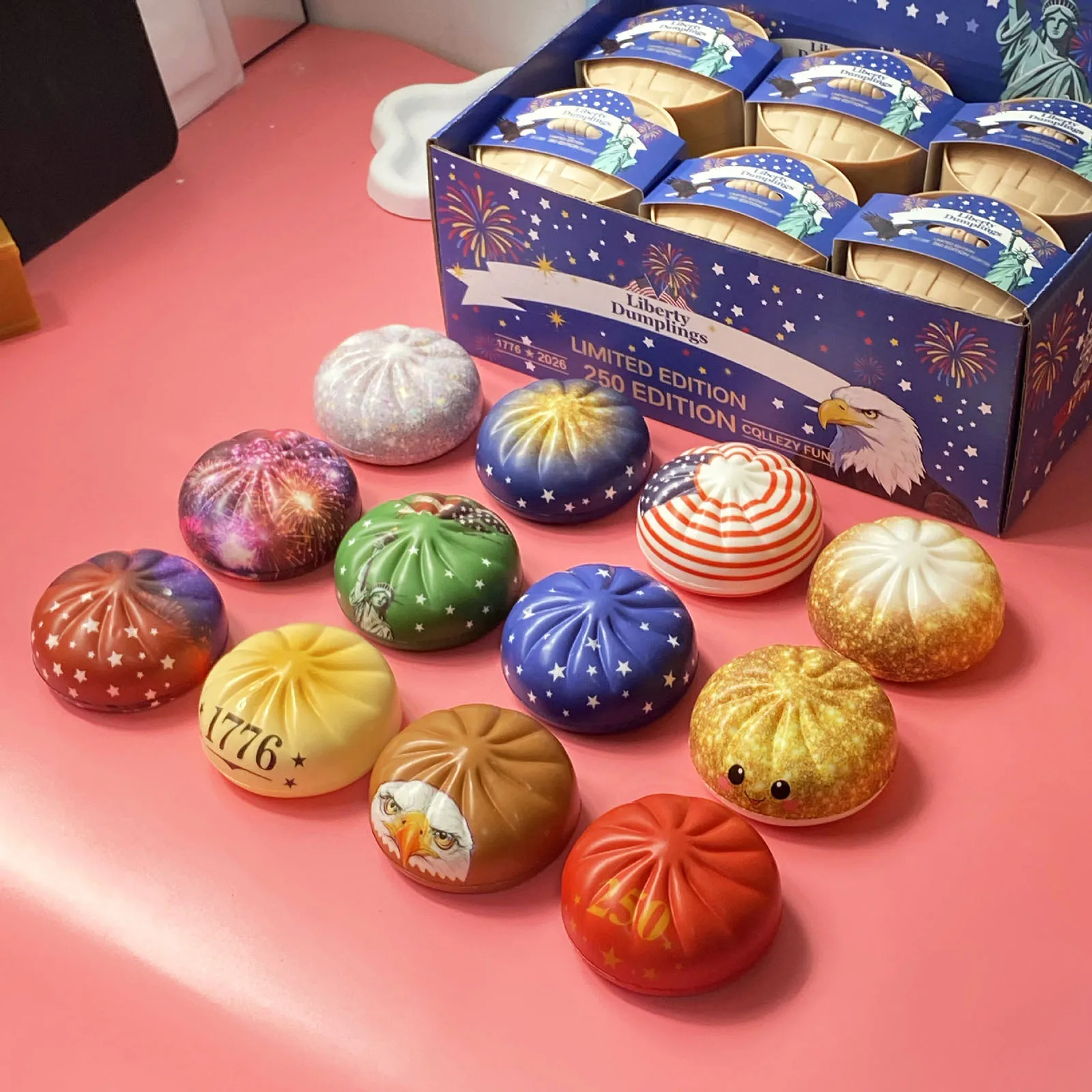 

12Pcs US 250th Anniversary Soft Squeezable Stress Ball with Steamer Mystery Dumpling Squeezing Toy Reusable For Adults & Teens