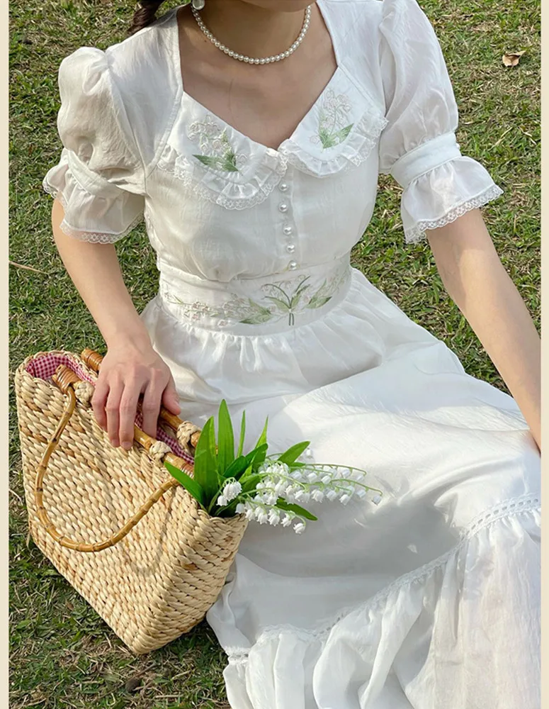 

Summer Vintage White Dress Woman Cottagecore Mori Girl Peter Pan Collar Embroidery Floral Flare Sleeve Retro Princess Dresses